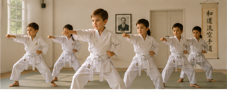 Kinder laufen Kihon im Wadō-Ryū Karate-Dō