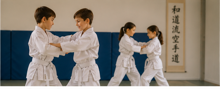 Kinder üben kontrollierte Partnerarbeit im Wadō-Ryū Karate-Dō